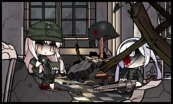 Rule 34 | 2girls, bandage over one eye, bandaged head, bandages, blood, blood on face, blood splatter, building, bullet hole, can, canned food, commentary, corpse, death, dismemberment, dresden, eating, empty eyes, english commentary, fork, machine gun, gewehr 43, girls&#039; frontline, grave, gun, hat, headband, kar98k (girls&#039; frontline), long hair, machine gun, mg42 (girls&#039; frontline), mg 42, military, military hat, military uniform, mp40, multiple girls, rifle, rubble, ruins, shaded face, silver hair, sprite art, submachine gun, tearing up, the mad mimic, twintails, uniform, weapon, wehrmacht, window, world war ii