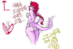 Rule 34 | 1girl, adjusting clothes, adjusting swimsuit, ass, bikini, blush stickers, braid, breasts, colored skin, highleg, highleg bikini, highleg swimsuit, korean text, league of legends, long hair, monster girl, pink skin, red eyes, red hair, shyvana, single braid, solo, swimsuit, tail, translation request, trombe