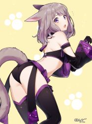Rule 34 | 1girl, :o, animal ears, artist name, ass, bikini, black bikini, black gloves, black thighhighs, blush, detached sleeves, facial mark, fang, final fantasy, final fantasy xiv, flying sweatdrops, from side, gloves, grey hair, highres, long hair, looking at viewer, looking back, miqo&#039;te, open mouth, paw print, paw print background, purple eyes, sakura chiyo (konachi000), signature, simple background, smile, solo, swimsuit, tail, thighhighs, thighs, whisker markings, yellow background