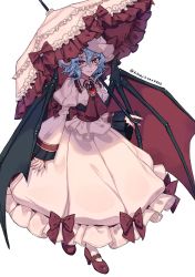 Rule 34 | 1girl, absurdres, ascot, bat wings, blush, bow, brooch, closed mouth, collar, commentary request, dress, fang, fingernails, frilled ascot, frilled dress, frilled shirt collar, frills, full body, gem, hair between eyes, hat, hat bow, highres, himadera, holding, holding umbrella, jewelry, light purple hair, long dress, looking at viewer, mary janes, mob cap, nail polish, parasol, pink dress, puffy short sleeves, puffy sleeves, red ascot, red bow, red eyes, red footwear, red gemstone, red nails, red ribbon, remilia scarlet, ribbon, sharp fingernails, shoes, short sleeves, simple background, skin fang, smile, solo, touhou, twitter username, umbrella, umbrella bow, walking, white background, wings, wrist cuffs