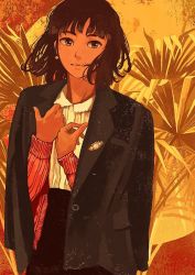 Rule 34 | 1girl, black jacket, black skirt, blouse, brown eyes, brown hair, closed mouth, commentary request, earrings, gemi, high-waist skirt, highres, jacket, jacket on shoulders, jewelry, long sleeves, looking at viewer, original, red sweater, ribbed sweater, shirt, skirt, smile, solo, sweater