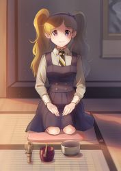 Rule 34 | 1girl, black bow, black skirt, blonde hair, blush, bow, chasen, closed mouth, dress, emily stewart, full body, hairband, idolmaster, idolmaster million live!, kamille (vcx68), long hair, long sleeves, looking at viewer, necktie, pinafore dress, purple eyes, seiza, sitting, skirt, sleeveless, sleeveless dress, smile, solo, striped necktie, striped neckwear, twintails