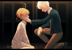 Rule 34 | 1boy, 1girl, antenna hair, black jacket, blazer, blonde hair, blouse, brown pants, closed mouth, collared shirt, crying, emma (yakusoku no neverland), eye contact, from side, highres, jacket, long sleeves, looking at another, miniskirt, neck tattoo, norman (yakusoku no neverland), number tattoo, on one knee, open clothes, open jacket, pants, pleated skirt, profile, shirt, short hair, silver hair, sitting, skirt, smile, superdiviatomic, tattoo, tears, wariza, white shirt, white skirt, wing collar, yakusoku no neverland