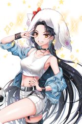 Rule 34 | 1girl, ball, bangle, belt, black choker, black hair, black nails, blue jacket, bow, bracelet, breasts, brown eyes, cat, chain, choker, crop top, hand on own hip, highres, jacket, unworn jacket, jewelry, long hair, looking at viewer, mole, mole under eye, nail polish, navel, official art, parted lips, ratise, red bow, shorts, smile, soccer ball, soccer spirits, solo, standing, star (symbol), thighlet, transparent background, v, very long hair, white cat, white shorts