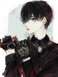Rule 34 | 1boy, black eyes, black hair, cosmetics, eyebrows, eyebrows hidden by hair, gloves, hatching (texture), jewelry, lips, lipstick, lipstick tube, looking at viewer, makeup, male focus, necklace, nishihara isao, original, pale skin, red lips, short hair, solo