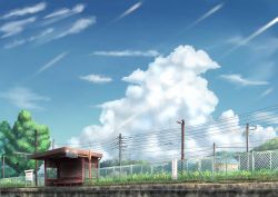 Rule 34 | absurdres, bench, blue sky, building, cloud, commentary request, cumulonimbus cloud, day, fence, grass, highres, house, original, outdoors, power lines, scenery, sign, sky, summer, train station, utility pole, yakaming