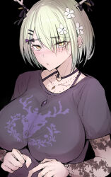 Rule 34 | 1girl, antlers, black background, black choker, black shirt, blush, breasts, ceres fauna, ceres fauna (goth), choker, detached sleeves, flower, green hair, hair flower, hair ornament, hairpin, heart, heart choker, heart o-ring, highres, hololive, hololive english, horns, large breasts, looking at viewer, mole, mole under eye, o-ring, o-ring choker, official alternate costume, sak1 01, see-through, see-through sleeves, shirt, short hair, solo, virtual youtuber, yellow eyes