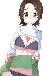 Rule 34 | 1girl, black bra, black panties, blush, bra, breasts, brown eyes, brown hair, cleavage, clothes in mouth, clothes lift, girls und panzer, green skirt, groin, large breasts, lifted by self, looking at viewer, mouth hold, ooarai school uniform, panties, sawa azusa, school uniform, shiny skin, shirt in mouth, shirt lift, short hair, simple background, skirt, skirt lift, solo, standing, sweat, tsuru (tsubasa1993621), underwear, white background
