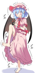 Rule 34 | 1girl, barefoot, bat wings, blue hair, blush, cellphone, commentary request, dress, e.o., hat, highres, holding, holding phone, looking at viewer, mob cap, open mouth, phone, pink dress, pink hat, red eyes, remilia scarlet, short hair, simple background, solo, standing, standing on one leg, toes, touhou, white background, wings, wrist cuffs