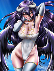 Rule 34 | 1girl, absurdres, albedo (overlord), armpits, black hair, black wings, blue background, blush, breasts, cameltoe, cleavage, collar, collarbone, cowboy shot, elbow gloves, feathered wings, foxyart, gloves, gluteal fold, hair between eyes, highleg, highleg leotard, highres, horns, large breasts, leotard, lips, long hair, low wings, open mouth, overlord (maruyama), shiny skin, simple background, slit pupils, solo, standing, thigh gap, thighhighs, tongue, tongue out, white gloves, white leotard, white thighhighs, wings, yellow eyes