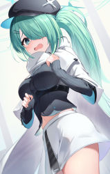 Rule 34 | 1girl, :o, blue archive, blurry, blush, cape, commentary request, curtains, depth of field, green eyes, green hair, hair ornament, hair over one eye, hairclip, halo, highres, hiyori (blue archive), hood, hooded cape, long hair, long sleeves, looking at viewer, midriff, navel, nokke o, side ponytail, sidelocks, skirt, solo, wavy mouth, white skirt