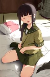 Rule 34 | 1girl, :d, ^ ^, anchor symbol, black hair, blanket, blunt bangs, blush, braid, closed eyes, day, facing viewer, futon, green jacket, green sailor collar, hair over shoulder, indoors, jacket, kantai collection, kitakami (kancolle), lunch (shin new), miniskirt, no shoes, on bed, open mouth, pillow, pocket, rigging, sailor collar, short sleeves, sidelocks, single braid, sitting, skirt, smile, solo, sunlight, tatami, undressing, unzipping, used tissue, wariza, zipper