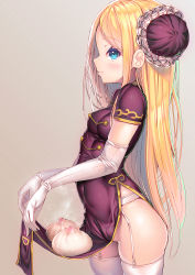 Rule 34 | 1girl, abigail williams (fate), blonde hair, blue eyes, blush, breasts, bun cover, cameltoe, china dress, chinese clothes, closed mouth, clothes lift, covered navel, dress, dress lift, elbow gloves, fate/grand order, fate (series), forehead, garter belt, garter straps, gloves, hair bun, highres, long hair, looking at viewer, medium breasts, no panties, parted bangs, pelvic curtain, purple dress, short sleeves, side slit, small breasts, solo, thighhighs, tonchan, white gloves, white thighhighs