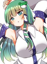 Rule 34 | 1girl, :o, aqua eyes, armpits, arms up, blush, breasts, collared shirt, frog hair ornament, furrowed brow, green hair, hair ornament, hair tubes, highres, japanese clothes, kochiya sanae, large breasts, long hair, looking at viewer, miko, nontraditional miko, parted lips, shirt, simple background, single sidelock, sleeveless, sleeveless shirt, snake hair ornament, solo, touhou, upper body, white background, white shirt, zerokosan