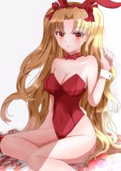 Rule 34 | 1girl, :o, animal ears, backlighting, bad id, bad twitter id, bare shoulders, blonde hair, blush, bow, bow choker, breasts, cleavage, collarbone, commentary request, covered navel, cuffs, ereshkigal (fate), fake animal ears, fate/grand order, fate (series), hand up, highres, kusunoki r, leotard, long hair, looking at viewer, medium breasts, open mouth, playboy bunny, rabbit ears, red bow, red eyes, sitting, solo