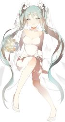 Rule 34 | 1girl, :d, aqua eyes, aqua hair, bad id, bad tumblr id, bouquet, choker, collarbone, dress, flower, full body, hair flower, hair ornament, hatsune miku, high heels, highres, long hair, long sleeves, looking at viewer, lpip, no socks, open mouth, rose, see-through, shoes, simple background, smile, solo, strapless, strapless dress, twintails, veil, very long hair, vocaloid, white background, white dress, white flower, white footwear, white rose