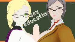 Rule 34 | 2girls, 3d, artist request, blonde hair, breasts, brown eyes, cleavage, crossover, cum, foxyrenart, glasses, glynda goodwitch, green eyes, grey hair, highres, large breasts, looking at viewer, mature female, multiple girls, one eye closed, open clothes, penis, prison school, rwby, school uniform, shiraki meiko, uncensored, upper body, wink