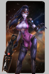 Rule 34 | 1girl, absurdres, alternate breast size, black hair, bodysuit, breasts, cleavage, colored skin, gun, highres, large breasts, long hair, looking at viewer, narrow waist, open bodysuit, open clothes, overwatch, overwatch 1, plunging neckline, pockyland, ponytail, purple skin, rifle, sniper rifle, solo, tagme, tattoo, visor, weapon, wide hips, widowmaker (overwatch), yellow eyes