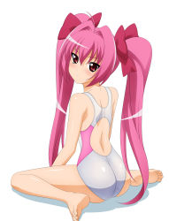 Rule 34 | 1girl, absurdres, ahoge, ass, back, bare shoulders, barefoot, blush, bow, competition swimsuit, di gi charat, expressionless, feet, flat chest, from behind, from side, full body, hair between eyes, hair bow, hair intakes, highres, legs, long hair, looking at viewer, looking back, low twintails, one-piece swimsuit, pink hair, red eyes, shadow, simple background, sitting, soles, solo, spread legs, sugimura tomokazu, swimsuit, toes, twintails, usada hikaru, very long hair, wariza, white background