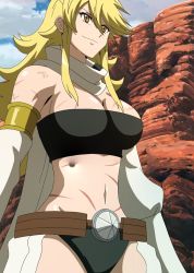 Rule 34 | 10s, 1girl, absurdres, akame ga kill!, blonde hair, breasts, highres, large breasts, leone (akame ga kill!), long hair, smile, standing, stitched, third-party edit, yellow eyes