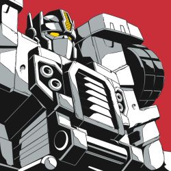Rule 34 | autobot, kamizono (spookyhouse), limited palette, mask, mecha, monochrome, motor vehicle, no humans, optimus prime, red background, robot, solo, solo focus, tire, transformers, transformers armada, transformers unicron trilogy, truck, yellow eyes