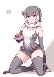 Rule 34 | 10s, 1girl, :s, animal ears, bare shoulders, closed mouth, contrapposto, disco brando, elbow gloves, fingerless gloves, food, frills, full body, fur collar, gloves, grey eyes, grey gloves, grey hair, grey panties, grey thighhighs, hair between eyes, highres, holding, japari bun, japari symbol, kemono friends, kneeling, looking at viewer, multicolored hair, one-piece swimsuit, otter ears, otter tail, panties, short hair, small-clawed otter (kemono friends), solo, swimsuit, tail, thighhighs, toeless legwear, twitter username, two-tone background, two-tone hair, underwear