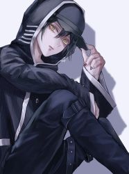 Rule 34 | 1boy, black hair, black headwear, black jacket, black pants, closed mouth, commentary request, danganronpa (series), danganronpa v3: killing harmony, feet out of frame, grey background, hair between eyes, highres, hood, hood up, jacket, long sleeves, looking at viewer, male focus, multicolored nails, nail polish, pants, saihara shuichi, short hair, simple background, sitting, solo, striped clothes, striped jacket, watermark, z-epto (chat-noir86)