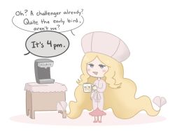 Rule 34 | 1girl, absurdly long hair, blue eyes, caitlin (pokemon), chibi, coffee maker, coffee mug, commentary, creatures (company), cup, cynthia (pokemon), english commentary, english text, full body, game freak, greatestjubilee, hat, highres, holding, holding cup, keurig, long hair, mug, nintendo, pink footwear, pink skirt, pokemon, pokemon bw, simple background, skirt, solo, speech bubble, standing, triangle mouth, very long hair, white background