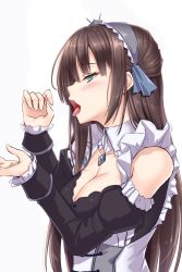 Rule 34 | 1girl, akitsuki karasu, aqua eyes, azur lane, bare shoulders, blue ribbon, blush, breasts, brown hair, cleavage, collarbone, commentary request, corset, detached collar, detached sleeves, dress, fellatio gesture, frilled dress, frilled sleeves, frills, half-closed eyes, half updo, hands up, highres, jewelry, juliet sleeves, long hair, long sleeves, looking away, maid, maid headdress, medium breasts, newcastle (azur lane), open mouth, profile, puffy sleeves, ribbon, sidelocks, simple background, solo, tongue, tongue out, upper body, white background