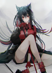 Rule 34 | 1girl, absurdres, animal ears, arknights, artist name, belt, black coat, black footwear, black hair, black shorts, breasts, coat, collared shirt, commentary, enne kl, gloves, highres, holding, holding sword, holding weapon, knee up, long hair, loose socks, medium breasts, necktie, off shoulder, official alternate costume, open clothes, open coat, parted lips, ponytail, red eyes, red gloves, red shirt, red socks, shirt, shoes, shorts, sitting, skirt, socks, solo, sword, texas (arknights), texas (willpower) (arknights), thigh strap, thighs, weapon, wolf ears, wolf girl