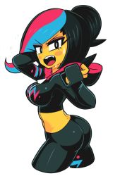 Rule 34 | 1girl, ass, black eyes, black hair, blue hair, blush stickers, colored skin, crop top, cropped legs, eyeshadow, fang, gashi-gashi, hand in own hair, hood, hood down, hoodie, lego, looking at viewer, makeup, midriff, multicolored hair, navel, open mouth, personification, red hair, short hair, solo, the lego group, the lego movie, wyldstyle, yellow skin