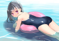 Rule 34 | 1girl, afloat, ass, black hair, blue one-piece swimsuit, from behind, haoriya chie (minidraco), highres, innertube, long hair, looking at viewer, looking back, lying, minidraco, on stomach, one-piece swimsuit, original, outdoors, pink eyes, pool, school swimsuit, shiny clothes, solo, swim ring, swimsuit, thighs, two side up, water
