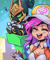 Rule 34 | 1boy, 1girl, :d, arcade miss fortune, black headwear, black skin, breasts, cleavage, collarbone, colored sclera, colored skin, controller, closed eyes, final boss veigar, game controller, gloves, green sclera, grey gloves, happy, heart, holding, holding controller, jacket, large breasts, league of legends, miss fortune (league of legends), open clothes, open jacket, open mouth, orange headwear, orange jacket, phantom ix row, pink hair, playstation controller, sleeveless, sleeveless jacket, smile, squiggle, teeth, tongue, upper body, upper teeth only, veigar, yordle