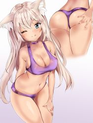 Rule 34 | 1girl, ;p, animal ear fluff, animal ears, anyuu, ass, bare arms, bare shoulders, blue eyes, bra, breasts, cat ears, choker, cleavage, coconut (nekopara), cropped legs, gradient background, highres, large breasts, licking lips, light brown hair, long hair, looking at viewer, multiple views, navel, nekopara, one eye closed, panties, purple background, purple bra, purple choker, purple panties, smile, tongue, tongue out, underwear, underwear only, white background