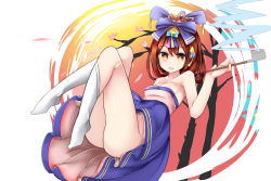 Rule 34 | 1girl, aqua bow, ass, bare shoulders, blue bow, blue dress, blush, bow, breasts, brown eyes, brown hair, cherry blossoms, cleavage, dress, fang, hair bow, kiseru, knees up, legs, looking at viewer, lying, mashimaro (pixiv3247613), new year, no panties, open mouth, original, smoking pipe, reclining, round image, small breasts, smoke, socks, solo, strapless, strapless dress, tassel, tree, white background, yuujo
