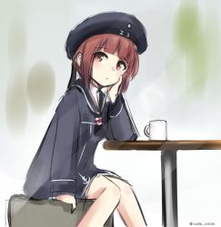 Rule 34 | 10s, 1girl, brown eyes, brown hair, colis (regunm772), cup, dress, hand on own face, hat, kantai collection, sailor dress, sailor hat, short hair, table, twitter username, z3 max schultz (kancolle)