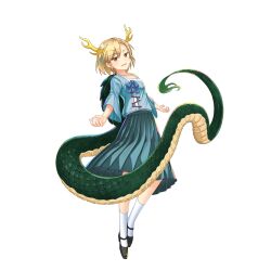 Rule 34 | 1girl, aqua skirt, black footwear, blonde hair, blue shirt, brown eyes, collarbone, dragon horns, dragon tail, full body, game cg, half-closed eyes, highres, horns, kicchou yachie, long sleeves, looking at viewer, open mouth, pleated skirt, rotte (1109), shirt, short hair, simple background, skirt, socks, solo, tail, third-party source, touhou, touhou lostword, turtle shell, white background, white socks