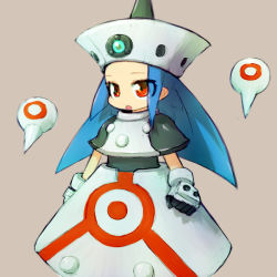 Rule 34 | 1girl, alchera, blue hair, commentary request, gloves, long hair, mega man (series), mega man legends (series), open mouth, personification, red eyes, simple background, solo