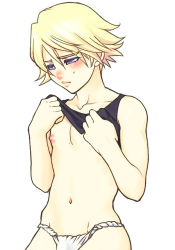 Rule 34 | 10s, androgynous, blonde hair, blush, clothes lift, frown, gender request, ivan karelin, looking down, male focus, navel, nipples, purple eyes, shirt lift, short hair, solo, sweat, tiger &amp; bunny, tokisige