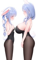 Rule 34 | 2girls, ^ ^, absurdres, animal ears, bare shoulders, black leotard, black pantyhose, blue hair, blush, braid, breast envy, breasts, closed eyes, commentary, from side, highres, hololive, huge breasts, leotard, long hair, looking at another, mature female, mother and daughter, multicolored hair, multiple girls, pantyhose, pekomama, playboy bunny, prab, rabbit ears, rabbit tail, red eyes, simple background, small breasts, strapless, strapless leotard, streaked hair, tail, two side up, usada pekora, usada pekora (1st costume), virtual youtuber, white background, white hair