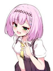 Rule 34 | 1girl, :d, black hairband, blunt bangs, bob cut, brown skirt, collared shirt, commentary, cowboy shot, eyelashes, fang, green eyes, hair ornament, hairband, hairclip, hakutocake, hand up, highres, looking at viewer, mesugaki, necktie, open mouth, pink hair, school uniform, shirt, short hair, short necktie, short sleeves, simple background, skirt, smile, smug, solo, suspender skirt, suspenders, tanikaze amane, tenshi souzou re-boot!, white background, white shirt, x hair ornament, yellow necktie