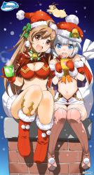 Rule 34 | 2girls, ahoge, bell, neck bell, bikini, blue eyes, boots, bow, breasts, brown eyes, brown hair, capelet, chimney, christmas, cleavage, collar, crown, cup, earrings, fur trim, gloves, green bow, hair bow, hamster, hat, highres, himawari (myslot), holding, holding cup, inoue sora, jewelry, long hair, looking at viewer, midori-chan (myslot), midriff, multiple girls, myslot, navel, open mouth, outdoors, red gloves, santa bikini, santa boots, santa gloves, santa hat, short hair, silver hair, sitting, smile, snow, swimsuit, thigh boots, thighhighs