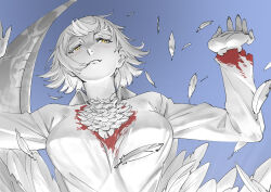Rule 34 | 1girl, blood, blood on clothes, blue background, blush, body fur, breasts, collared shirt, commentary, dragon tail, dungeon meshi, english commentary, falin touden, falin touden (chimera), falling feathers, feathers, fingernails, from below, grin, hands up, highres, large breasts, long sleeves, monochrome, monster girl, shirt, short hair, slit pupils, smile, spoilers, spot color, tail, upper body, weilic, yellow eyes