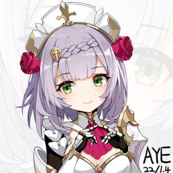 Rule 34 | 1girl, armor, armored dress, artist name, aye-wow, blunt bangs, blush, bob cut, braid, breastplate, breasts, chinese commentary, cleavage, commentary request, dated, fingers together, flower, genshin impact, gloves, gold trim, green eyes, grey hair, hair flower, hair ornament, hairclip, highres, index fingers together, lips, looking at viewer, maid headdress, noelle (genshin impact), red flower, red rose, rose, short hair, simple background, single braid, smile, solo, standing, upper body, vambraces, white background