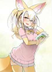 Rule 34 | 10s, 1girl, alternate hair length, alternate hairstyle, animal ear fluff, animal ears, bespectacled, blonde hair, blush, book, cowboy shot, fennec (kemono friends), fox ears, fox tail, fur trim, glasses, gloves, hayashi (l8poushou), highres, holding, holding book, kemono friends, long hair, miniskirt, pleated skirt, short-sleeved sweater, short sleeves, skirt, smile, solo, standing, sweater, tail, thighhighs, white thighhighs, yellow eyes, yellow gloves, yellow thighhighs