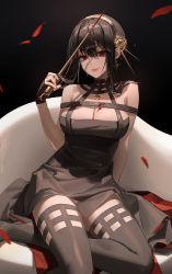 Rule 34 | 1girl, absurdres, arm support, bad id, bad pixiv id, bare shoulders, black choker, black dress, black footwear, black gloves, black hair, black thighhighs, blood, blood on breasts, blood on clothes, blood stain, bloody clothes, bloody dress, bloody knife, bloody weapon, boots, breasts, chair, choker, cleavage, closed mouth, dagger, dress, earrings, falling petals, female focus, fingerless gloves, fingernails, flower, flower necklace, gloves, gold earrings, gold hairband, hair flower, hair ornament, hairband, high heel boots, high heels, highres, holding, holding dagger, holding knife, holding weapon, indoors, jewelry, knife, large breasts, lips, long hair, looking at viewer, minttchocok, nail polish, necklace, petals, red eyes, red nails, short hair with long locks, sitting, sleeveless, smile, solo, spy x family, thighhighs, thighs, weapon, yor briar, zettai ryouiki
