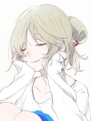 Rule 34 | 1girl, bad id, bad pixiv id, blonde hair, close-up, closed eyes, collarbone, facing away, folded ponytail, hands on own cheeks, hands on own face, hugging own legs, long sleeves, original, shirt, signature, simple background, smile, solo, teyuruun, upper body, white background, white shirt