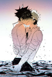 Rule 34 | 2boys, absurdres, ass grab, chinese commentary, closed eyes, commentary, commentary request, dated, english commentary, fushiguro megumi, highres, ikag, itadori yuuji, jujutsu kaisen, kiss, male focus, mixed-language commentary, monochrome, multiple boys, outdoors, pants, partially submerged, shirt, short hair, sleeves rolled up, spiked hair, water, wet, wet clothes, wet hair, wet shirt, yaoi