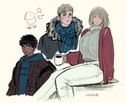 Rule 34 | 1girl, 2boys, backpack, bag, black hair, blonde hair, blue eyes, blue scarf, blush, breasts, casual, closed eyes, closed mouth, coat, cup, dark-skinned male, dark skin, dungeon meshi, falin touden, falin touden (tallman), fur trim, highres, holding, holding cup, jacket, kabru, laios touden, large breasts, long sleeves, male focus, multiple boys, open mouth, pants, red scarf, ribbed sweater, scarf, short hair, simple background, sitting, smile, sweater, urako (iamurako), white pants, winter clothes