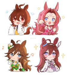 Rule 34 | 4girls, agnes tachyon (umamusume), ahoge, animal ears, bare shoulders, blue eyes, blush, bow, braid, breasts, brown hair, clenched hands, coat, commentary request, detached sleeves, dress, ear ornament, earrings, green eyes, hair between eyes, hair intakes, hair ornament, hairband, hairclip, hat, highres, horse ears, horse girl, horse tail, jacket, jewelry, kawakami princess (umamusume), lab coat, long hair, long sleeves, looking at viewer, mihono bourbon (umamusume), mini hat, mini top hat, mr. c.b. (umamusume), multiple girls, necktie, open clothes, open coat, open mouth, red eyes, rio (rio 067), shirt, short hair, silver hairband, single earring, skirt, sleeves past fingers, sleeves past wrists, smile, tail, top hat, umamusume, white coat, white headwear, wide sleeves